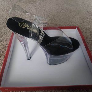 Platform 6 inch Pleaser Heels Clear with Strap and Black Bottoms Size 8